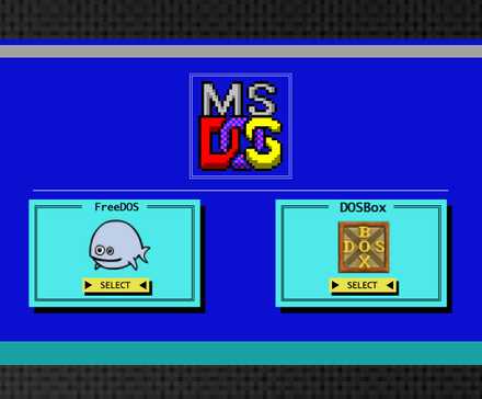 Illustration of a terminal with the MSDOS logo and the logos of FreeDOS and DOSBox below.
