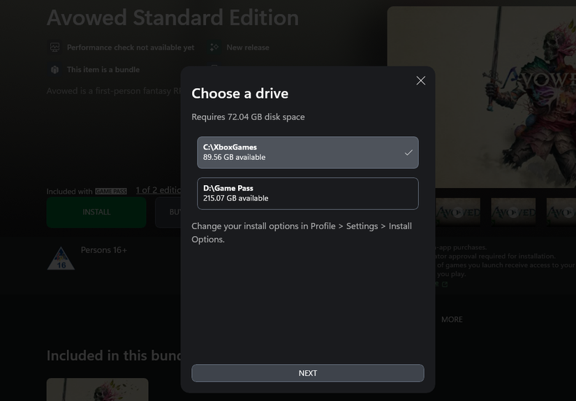 Установка Avowed через PC Game Pass.