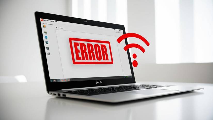 A laptop running Ubuntu with a Wi-Fi signal icon and a red error symbol indicating network issues.