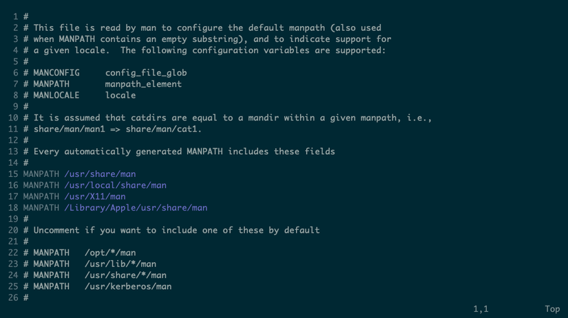 A text file showing configuration settings with comments explaining the MANPATH variable
