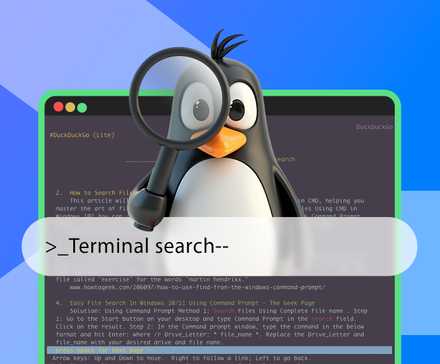 Linux terminal, a search bar in the center, and Tux holding a magnifying glass.