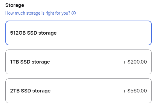 MacBook Pro storage prices on the Apple site.