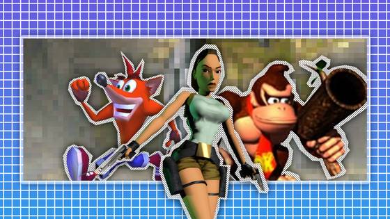 Main characters of Crash Bandicoot, Tomb Raider, and Donkey Kong.