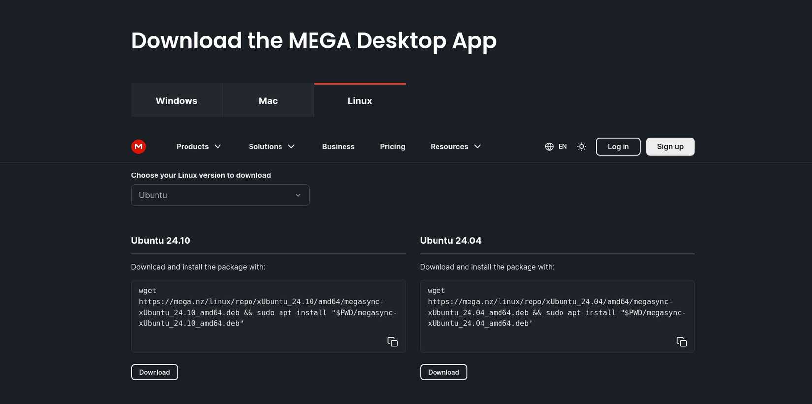 Navegador web que muestra las opciones de descarga e instalación de MEGA.