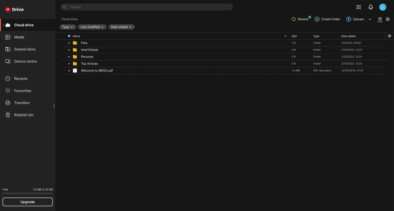 Pantalla de inicio del plan Mega gratuito en el navegador web