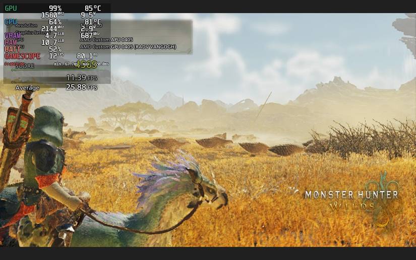 A Monster Hunter Wilds benchmark screenshot taken on a Steam Deck.