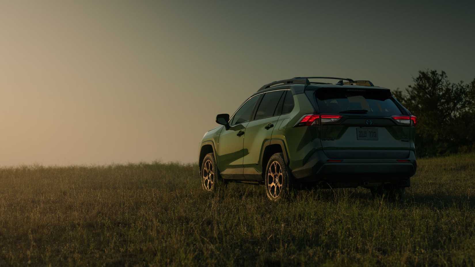 Rear of army green 2024 Toyota RAV4 Hybrid parked in grass with trees in background at nightfall.
