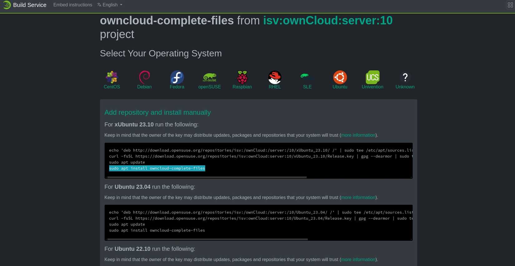 Página de instrucciones e instalación de descarga del servidor ownCloud en un navegador web