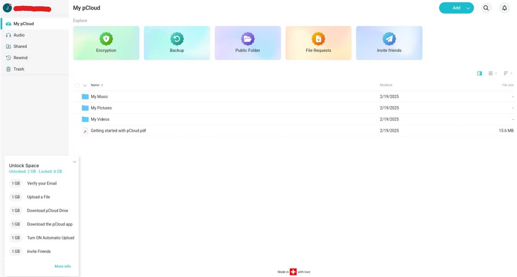 Web broswer showing the pCloud web app home screen.