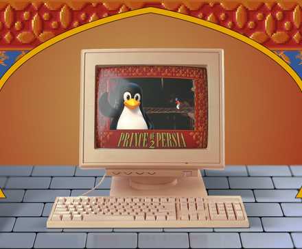 Старинный ПК с Prince of Persia 2 и талисманом Linux на экране.