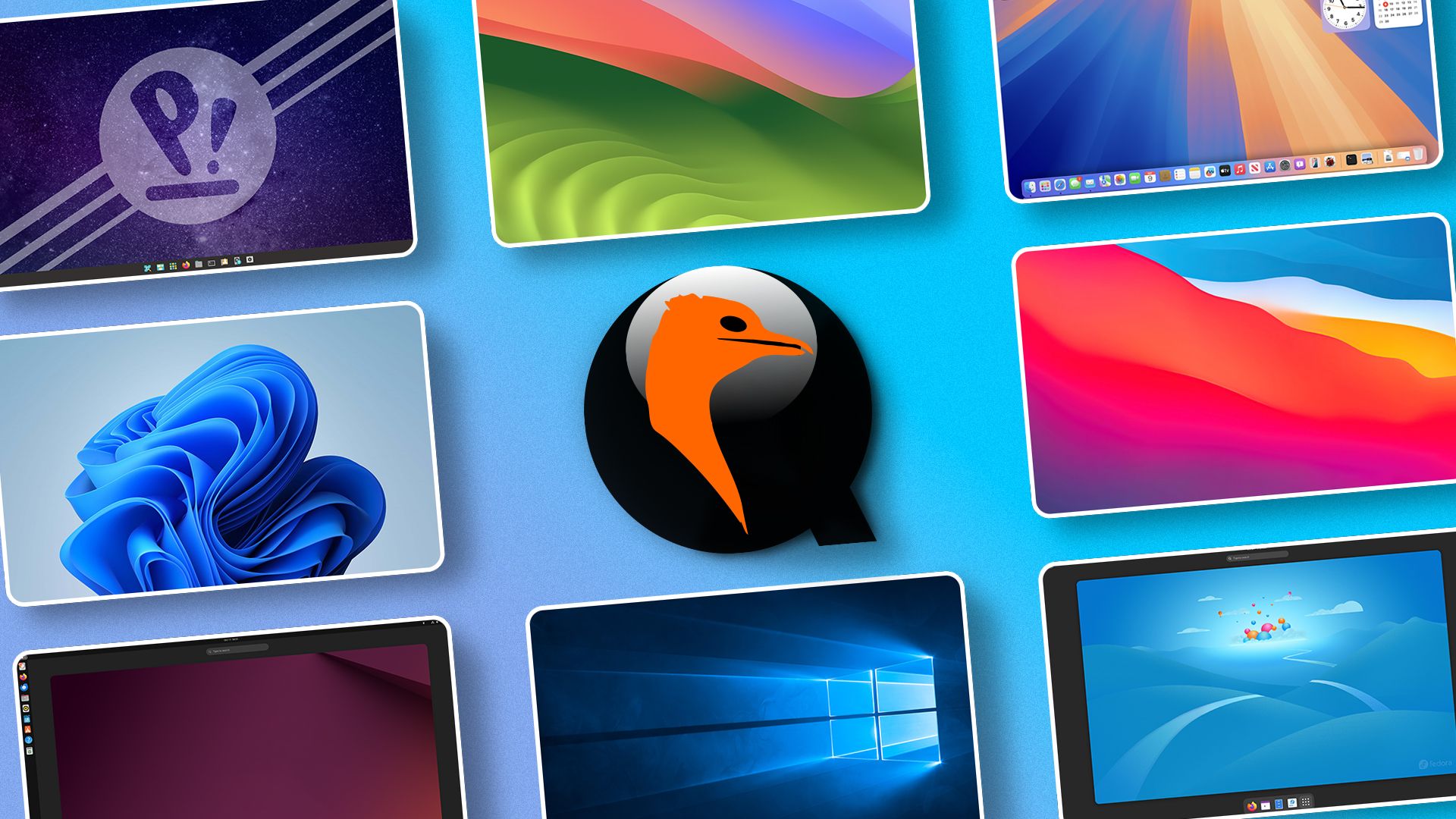 QEMU logo with various operating systems around it.