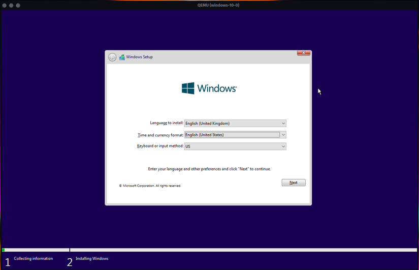Windows 10 installation screen in QEMU.
