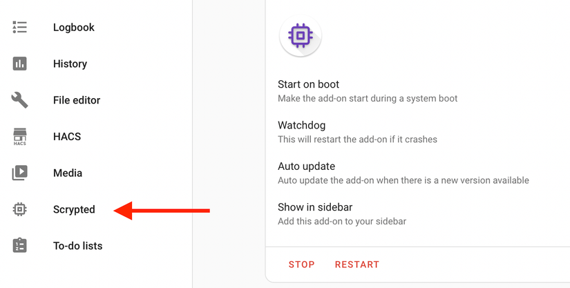 Scrypted na barra lateral do assistente doméstico.