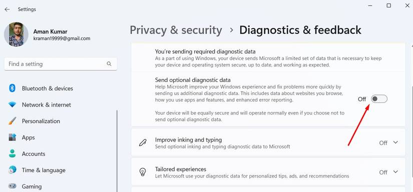 Turn off send optional diagnostic data toggle in the Settings app.