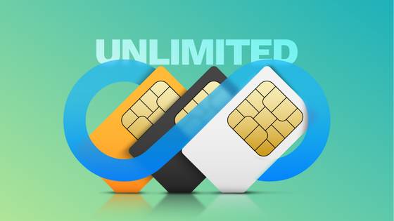 Three SIM cards side by side, overlaid by an infinity icon, with 'UNLIMITED' written in the background.