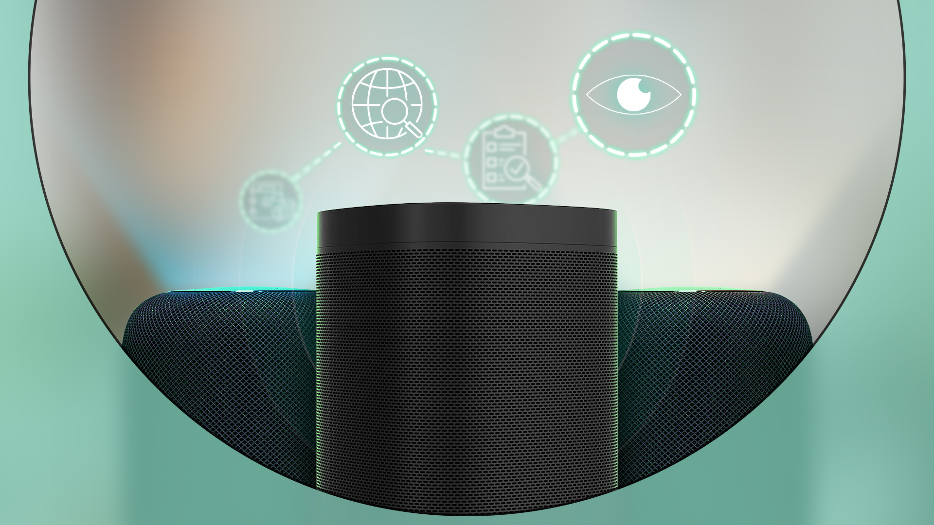 Three smart speakers with some data gathered around them