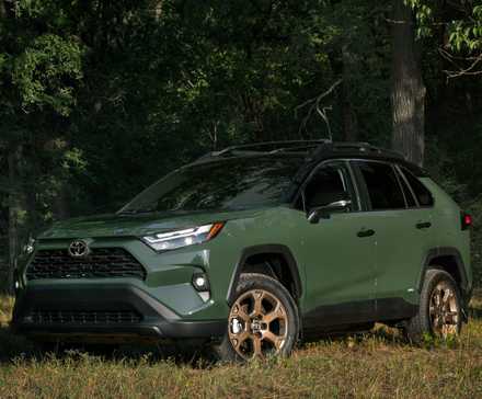 Зелёная RAV4 Hybrid Woodland 2025 на лужайке.