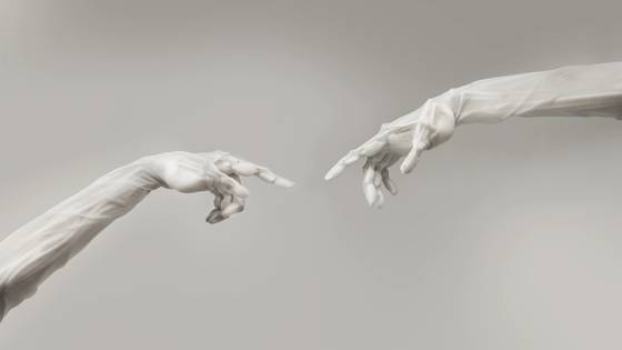 Two clone robotics hands reaching out to each other in the style of Michelangelo.