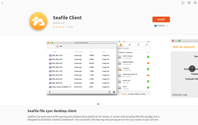 Centro de software de Ubuntu que muestra la página de descarga del cliente Seafile.