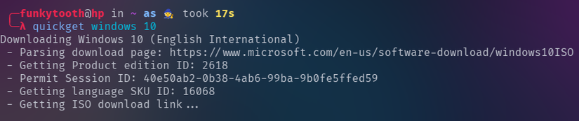Use the quickget command to download the Windows 10 image.