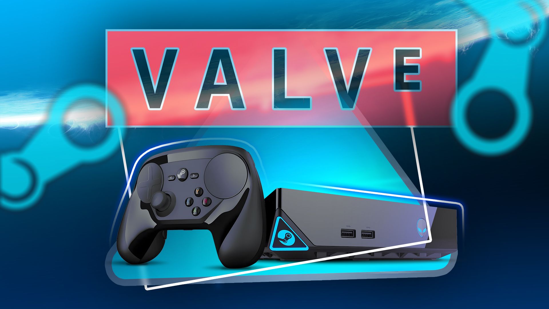 Valve Steam Machine with the Valve logo above and the Steam logo on the sides.