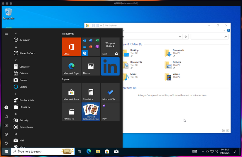 Windows 10 desktop in QEMU window.
