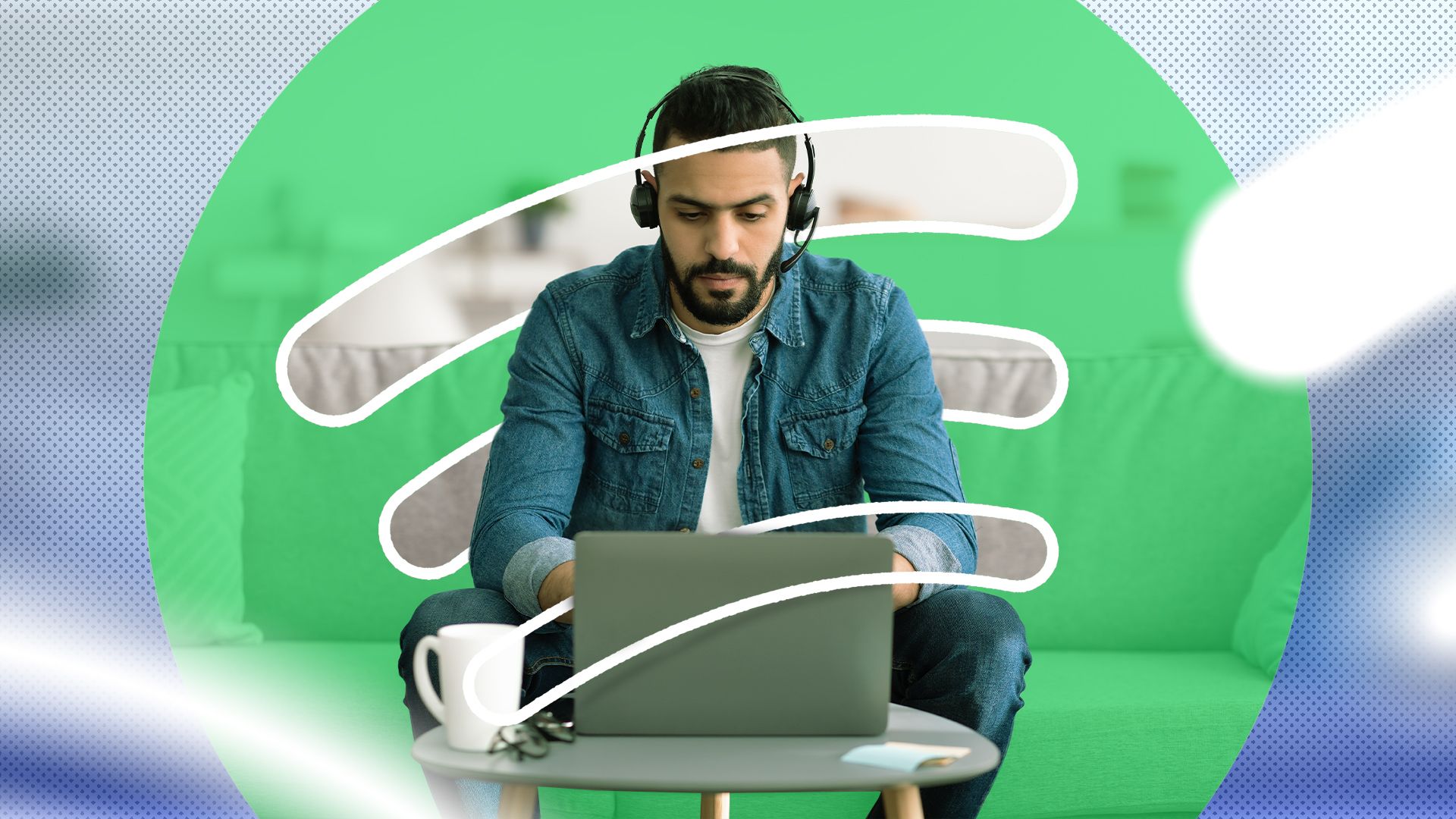 A serious man working on his laptop wearing headphones with the Spotify logo in the background.