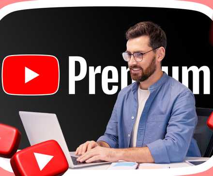 A man working on his laptop, the YouTube Premium logo in the background and some YouTube icons around.
