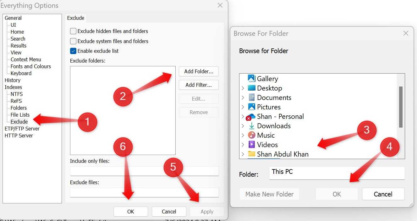 Excluding a folder in the Everything app on Windows.
