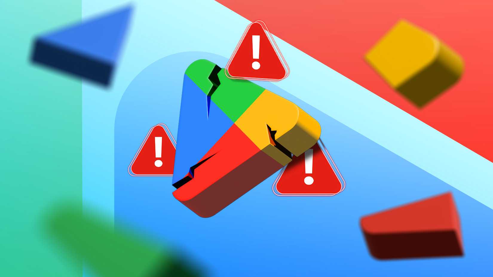 Play Store logo with cracks and some warning signs around it.