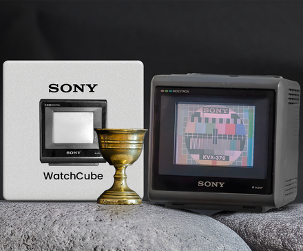 A chalice on a stone with a Sony WatchCube KVX-370 next to it.