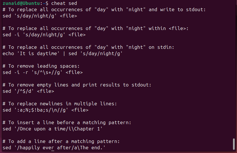 Uma folha de truques para o comando sed exibido no terminal Linux.