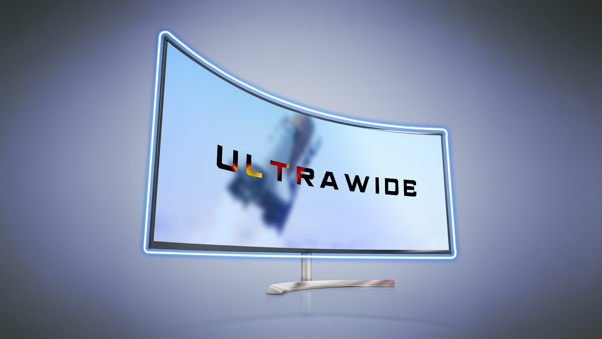 Uma tela curva ultralarga contra um fundo gradiente.