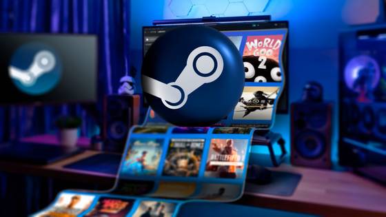 A gaming PC with several Steam games coming out of the screen and the Steam logo in the center. (1)