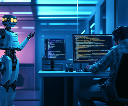 A robot dictates computer code to a human being seated at a computer.