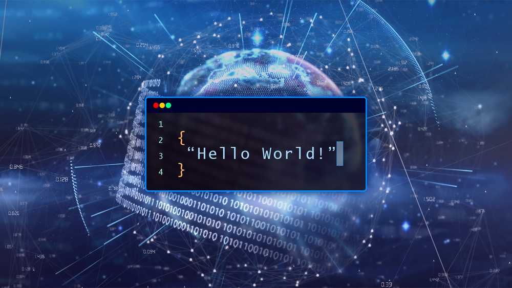 A terminal displaying 'Hello World' with a holographic globe and some binary code in the background.