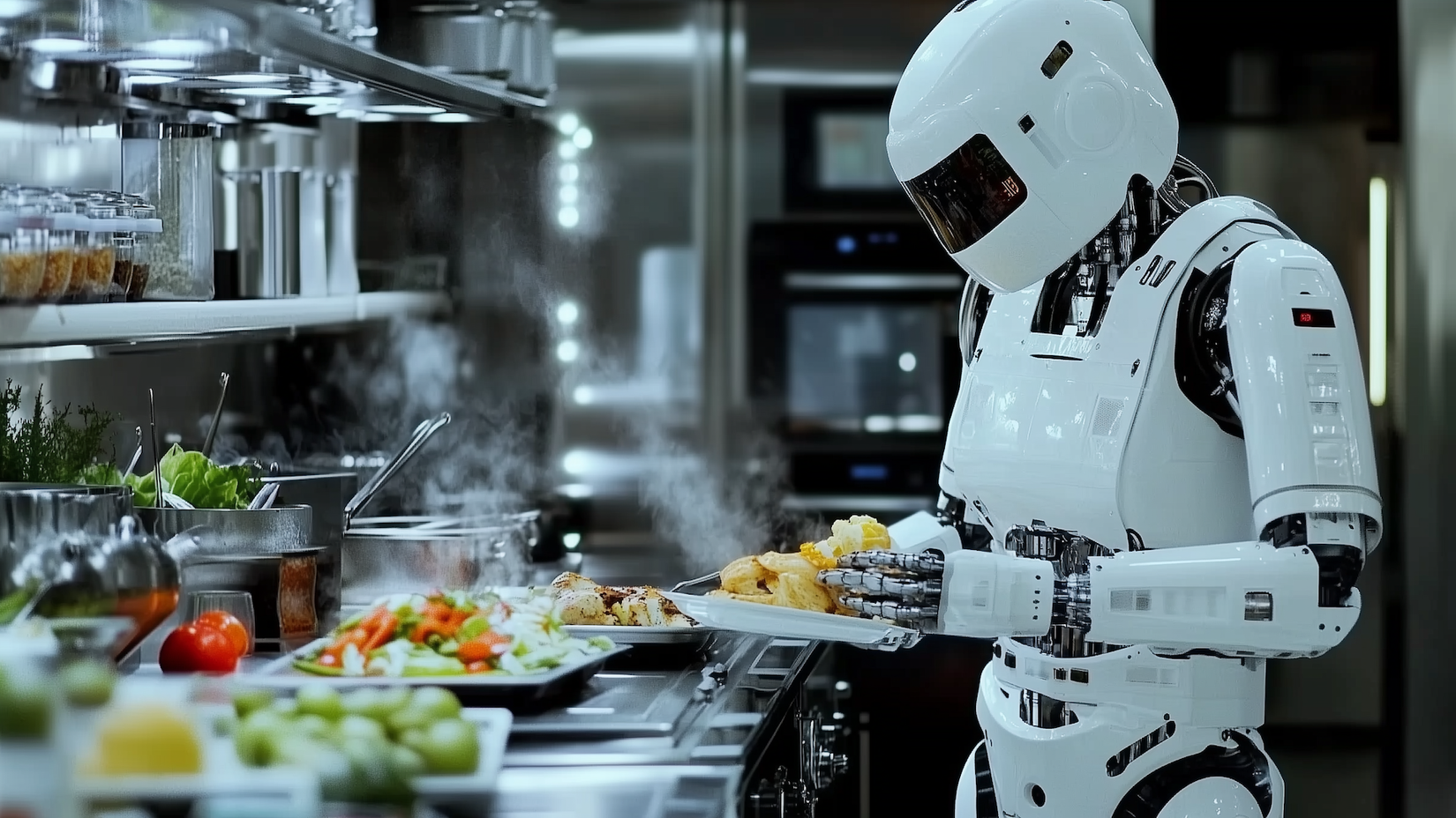 AI-generated image of a robot working in a kitchen.