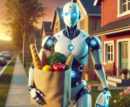 AI-изображение: гуманоид-робот несёт продукты.
