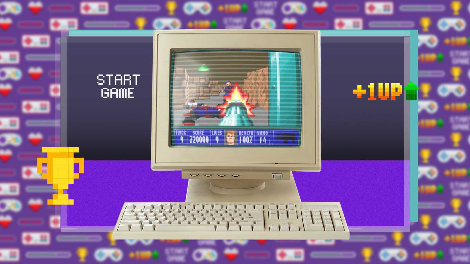 An old computer with a CRT monitor running Wolfenstein 3D.