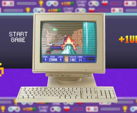 An old computer with a CRT monitor running Wolfenstein 3D.