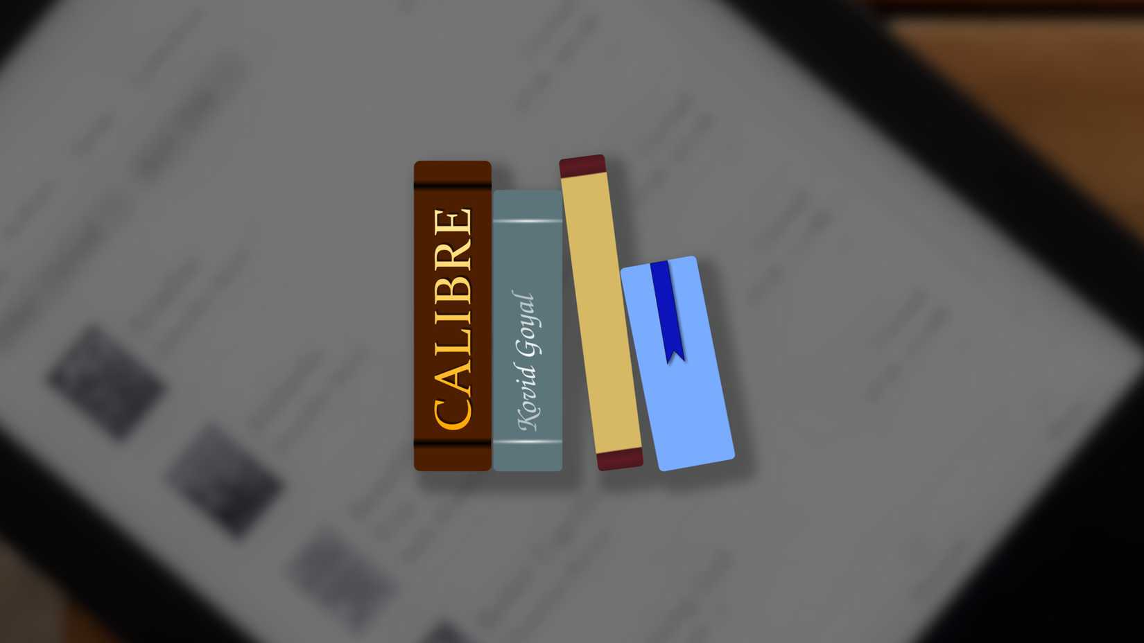 Calibre app icon over on a blurred image of an Amazon Kindle screen.