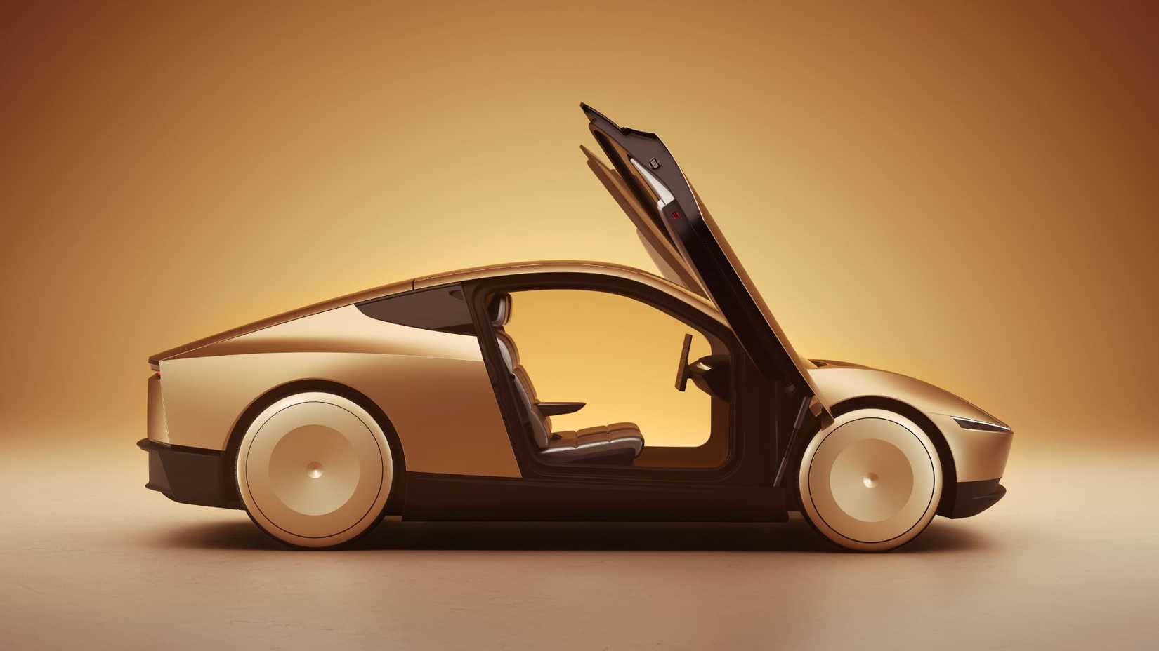 Вид сбоку на Tesla Cybercab с открытыми дверями-бабочками.