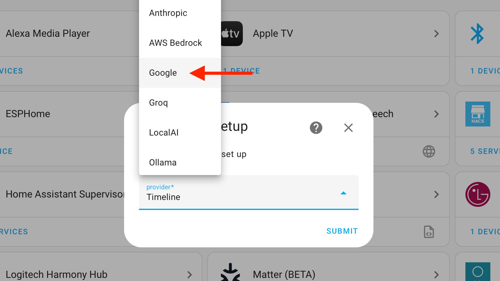 Google option for LLM Vision integration in Home Assistant.