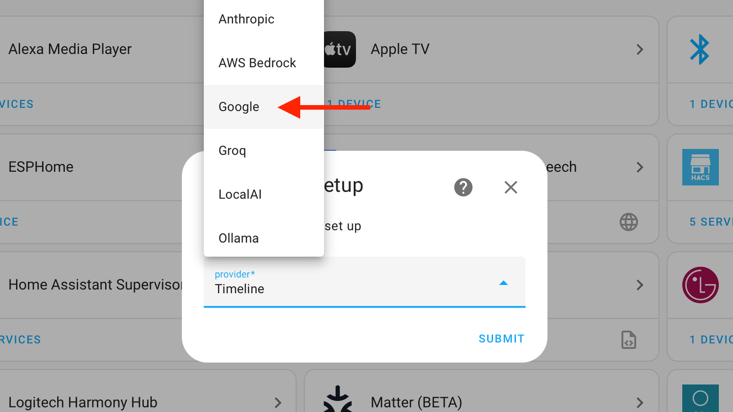 Google option for LLM Vision integration in Home Assistant.