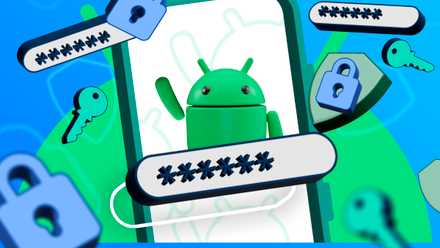 Illustration of a phone with various passwords, keys, padlocks and shields around it, and the Android mascot in the center.