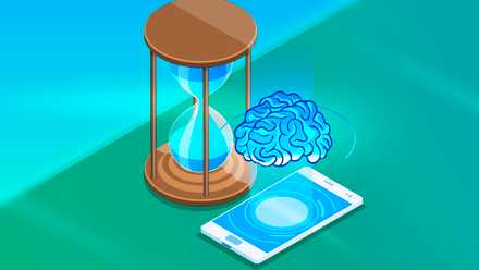 Illustration of an hourglass and a smartphone next to it with a brain above the screen.