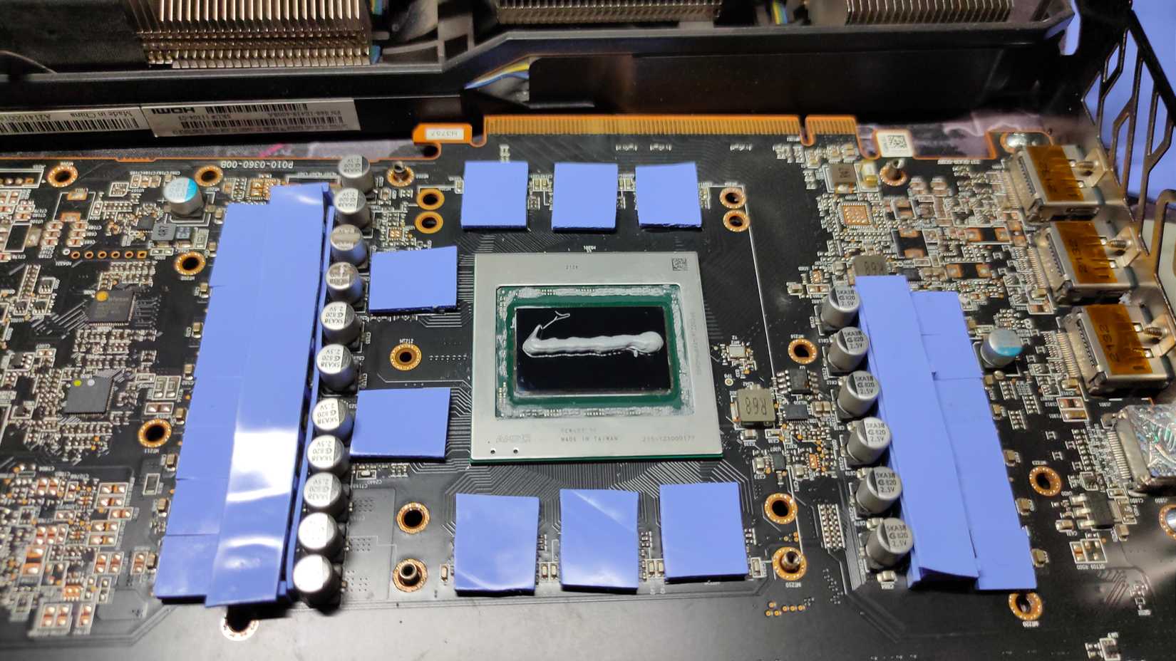 A bare AMD RX 6800 XT with new thermal pads and paste.