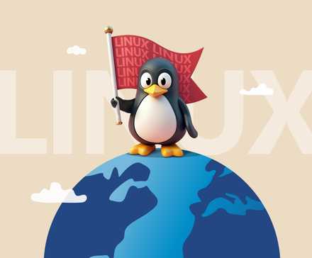 Linux mascot on a globe holding a flag.