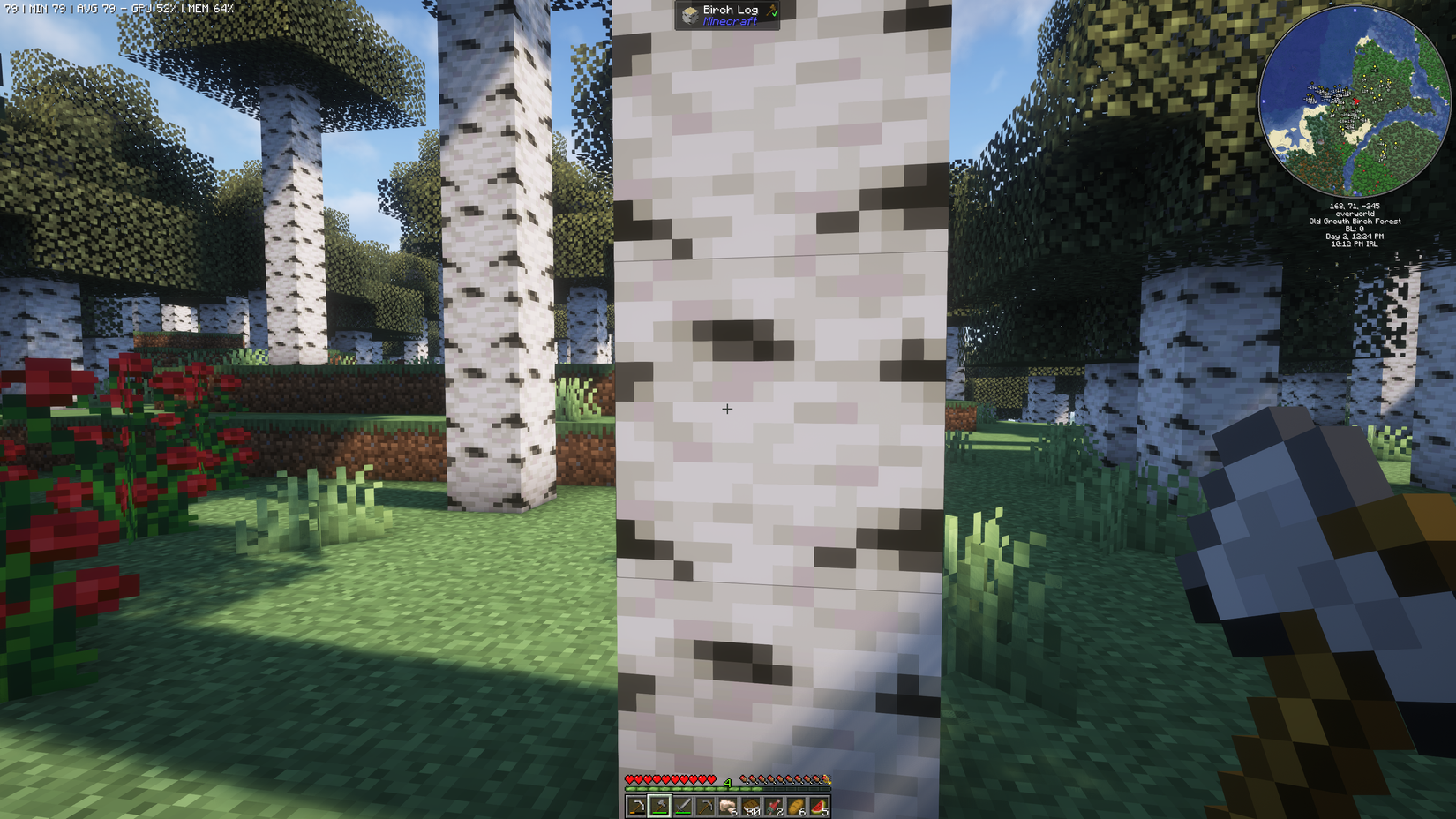 A birch tree in Minecraft with an ax in hand ready to cut it down.