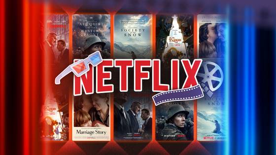 Netflix logo with 3D glasses and a film reel beside it, with several movie posters in the background.